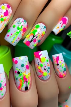 Fun Nail Ideas Acrylic, Funky Bright Nails, 1980s Nail Trends, Fun Colourful Nails, 80s Nails Designs Neon, 80’s Nails, Real Nail Designs, 80s Inspired Nails, 80s Nail Art