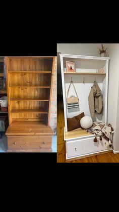 two pictures side by side, one with an open bookcase and the other without