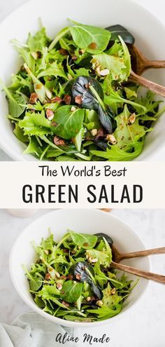 two bowls filled with green salad on top of a table