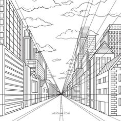 a drawing of a city street with buildings and clouds in the sky, as well as lines