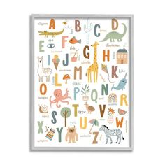 an alphabet poster with animals and letters on it's sides, in white frame