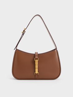 Chocolate Cesia Metallic Accent Shoulder Bag - CHARLES & KEITH US Charles And Keith Brown Bag, Brown Bag, Brown Bags, Gold Accent, Safety And Security