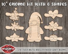 6 gnome cutouts with 6 shapes for crafts and diy projects on wooden background