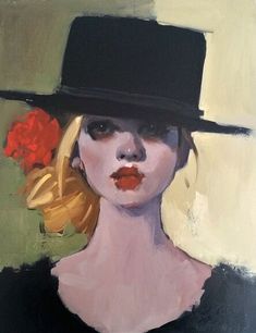 a painting of a woman wearing a black hat with red flowers in it's hair