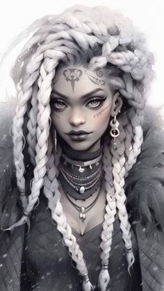 a woman with long braids and piercings on her face is shown in black and white