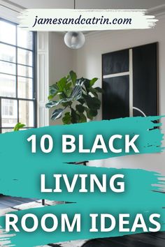 the words 10 black living room ideas are in front of an image of a plant