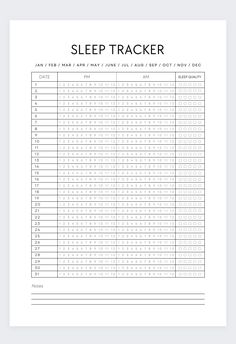 a sleep tracker sheet with the words sleep tracker written in black and white on it