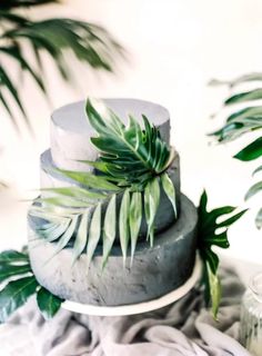 a three tiered cake with green leaves on top