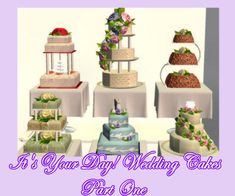 a group of cakes sitting on top of each other in front of a purple background