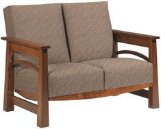 a wooden frame loveseat with two cushions on it's armrests