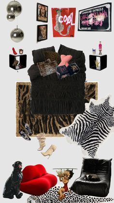 a collage of black and white decor with zebra print