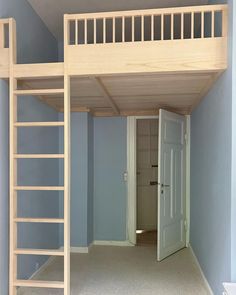 there is a loft bed with a ladder in the room