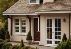 a pink house with white windows and brown shingles on the roof is surrounded by greenery