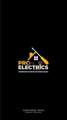 the logo for pro electrics is shown on a black background with an orange and yellow house