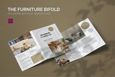 the furniture bifold brochure is open to show photos and text on it