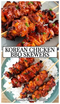 korean chicken bbq skewers with rice and green onions