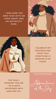 four different types of cards with the words happy new year and an image of a woman holding