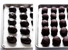 two pans filled with chocolate covered cookies on top of a white counter next to each other