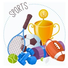 an image of sports items with the words sports on it and a trophy in the middle