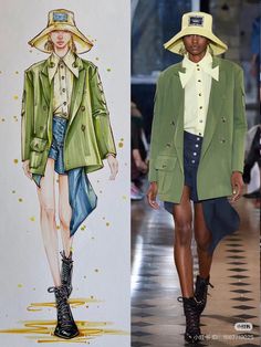 two pictures of women in hats and jackets on the runway, one with a drawing of a woman wearing a hat