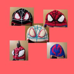 four crocheted hats with spiderman faces on them, all in different colors