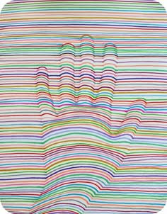 an abstract painting with multicolored lines in the shape of a wave on a white background