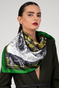 Embrace the regal charm and sustainability of our luxurious silk scarf.  Infuse a touch of elegance into your wardrobe with this exquisite accessory. Drawing inspiration from the majestic peacock, this vibrant scarf reflects self-confidence, pride, and dignity, just like the rocco peacock. It’s a standout piece that brings a sense of royalty and timeless beauty to any ensemble.  Made from 100% pure silk twill, the scarf is an embodiment of opulence and grace. Its hand-rolled hem and unparalleled Green Silk Scarf, Long Silk Scarf, How To Wear Scarves, Peacock Feathers, Silk Twill, Rolled Hem, Green Silk, Silk Scarves, Head Scarf