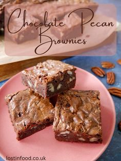 chocolate pecan brownies on a pink plate with pecans around it and text overlay that reads chocolate pecan brownies