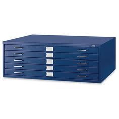 a blue file cabinet with five drawers on the front and one drawer in the back