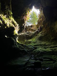 the light at the end of the tunnel is shining on the mossy rocks below