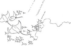 a black and white drawing of fish swimming in the water