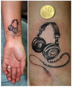 two different tattoos with headphones on them