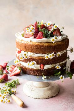 a three layer cake with strawberries and daisies on the top is surrounded by flowers