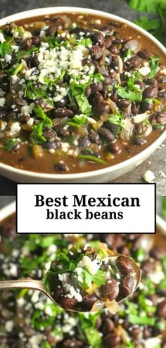 two pictures of black beans in a white bowl with cilantro, parsley and feta cheese