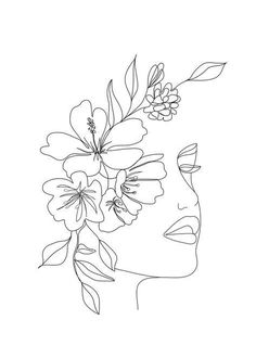 a line drawing of a woman's face with flowers in her hair