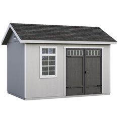 a small shed with two doors and windows on the roof, in front of a white background