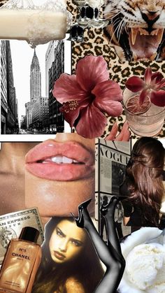 the collage has many different pictures and colors on it, including lipstick, flowers, perfume