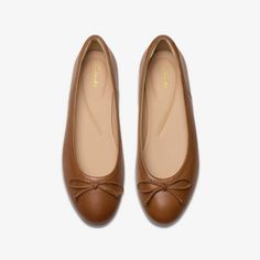 Womens Fawna Lily Tan Leather Ballerina Shoe | Clarks US Fitted Leather Ballet Flats With Bow, Chic Brown Ballet Flats With Removable Insole, Elegant Brown Ballet Flats With Removable Insole, Classic Ballet Flats With Leather Sole For Fall, Classic Fall Ballet Flats With Leather Sole, Elegant Brown Ballet Flats With Round Toe, Classic Brown Ballet Flats, Classic Formal Ballet Flats With Textured Sole, Chic Slip-on Ballet Flats With Leather Lining