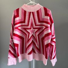 Never Worn Cute Pink Star Sweater! Cute And Trendy With Mock Neck! Pink Star Sweater, Spiral Star, Shein Sweater, Pink Star, Star Sweater, Pink Stars, Star Pattern, Pattern Sweater, Winter Knits