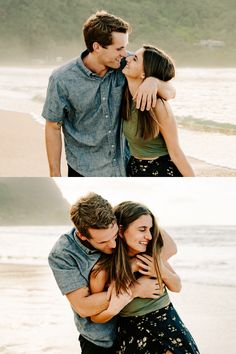 two people are hugging on the beach and one person is holding another woman's head