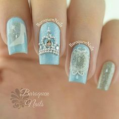 Nail Art Inspired by Disney's "Cinderella" Dream Quinceanera, Cinderella Nails, Frozen Nails, Nail Therapy, Disney Nail Designs, Princess Nails, Disney Inspired Nails, Disney Acrylic Nails