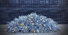 a bunch of blue flowers sitting on top of a cement floor next to a wooden door