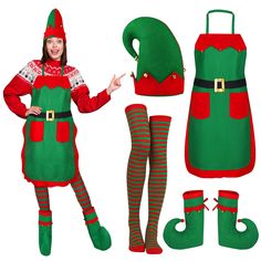 a woman dressed up in elf costume and boots with her hands out to the side