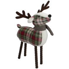 a stuffed reindeer with a scarf on it's head and antlers attached to its legs