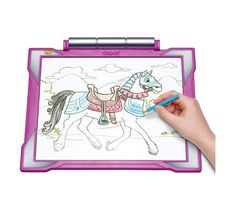 a child's drawing pad with a horse drawn on it and a hand holding a marker