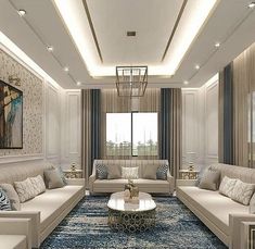 a living room filled with lots of white furniture and blue carpeted flooring on top of a hard wood floor