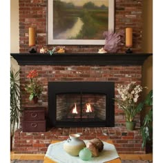 a living room with a fire place in the center and potted plants on the coffee table