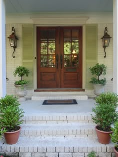 two potted plants sit on the front steps