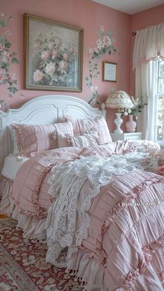 a bedroom with pink walls and white furniture