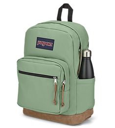 a green backpack with an insulated bottle in it